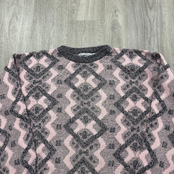 Vintage Ferruche Sweater Men's XL Pink Gray Geometric Knit Crewneck 90s Grandpa - Picture 2 of 6
